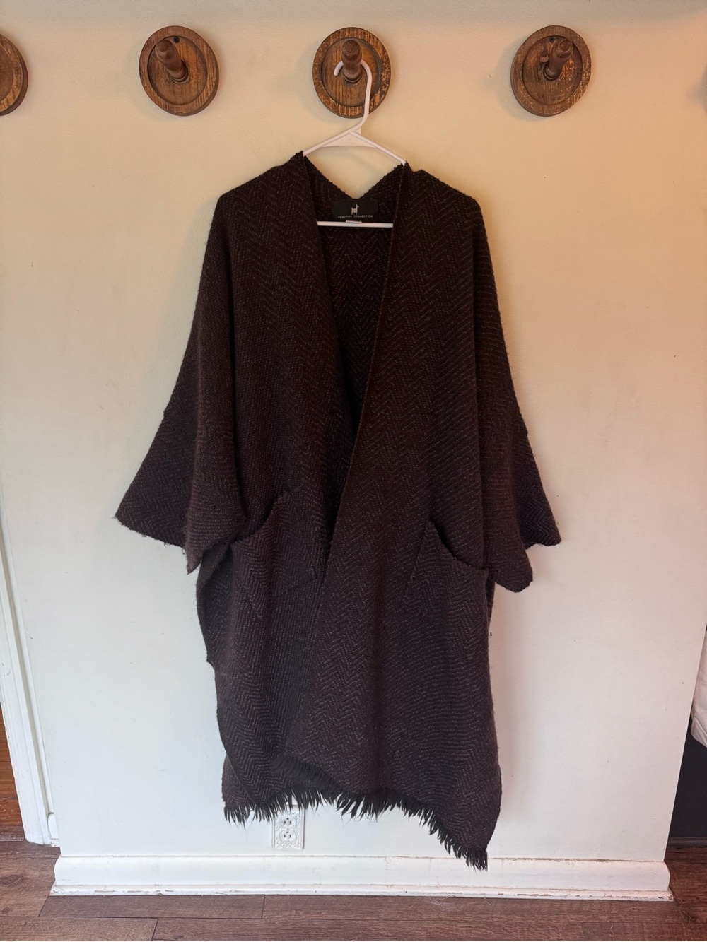 Peruvian Connection Dark Brown Fringe Open-Front Poncho Sweater